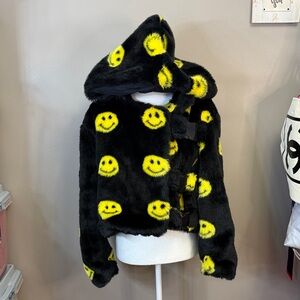 Cozy Black and Yellow Smiley Teddy Jacket